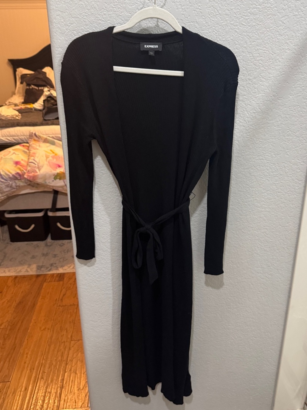 Express Black Long Sleeve Ribbed Belted Cardigan